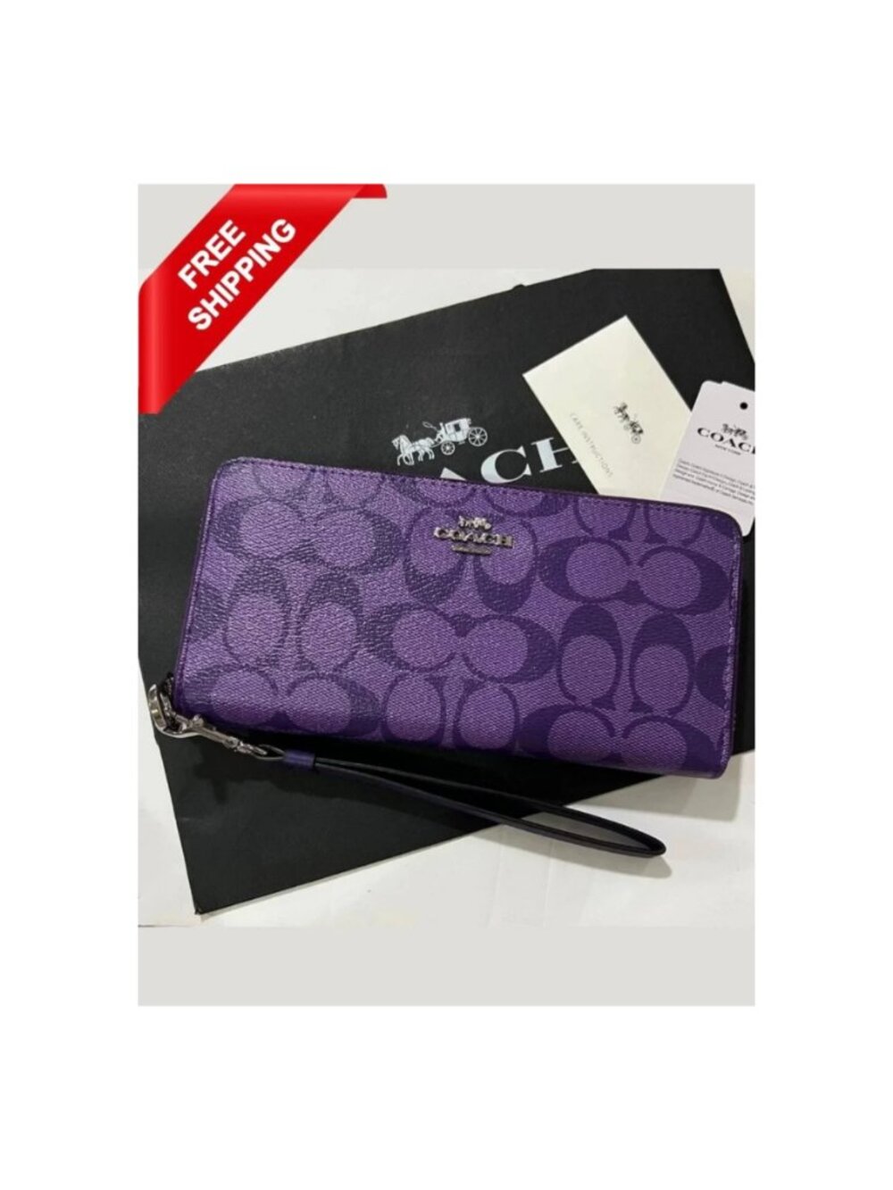 COACH Long Round Zip Wallet with Strap Purple Signature C4452 outlet F/S New US!